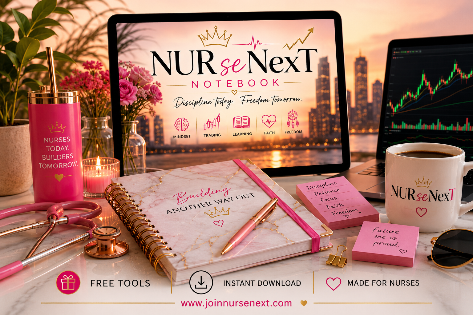 This image shows a desk setup with a tablet displaying 'Nurse Next Notebook' with icons for mindset, trading, learning, faith, and freedom. There are pink and gold-themed items including a mug with the same logo, a water bottle, a stethoscope, a notebook titled 'Building Another Way Out', pink sticky notes with motivational words, a gold pen, sunglasses, and decorative plants, with a city skyline and sunset in the background.