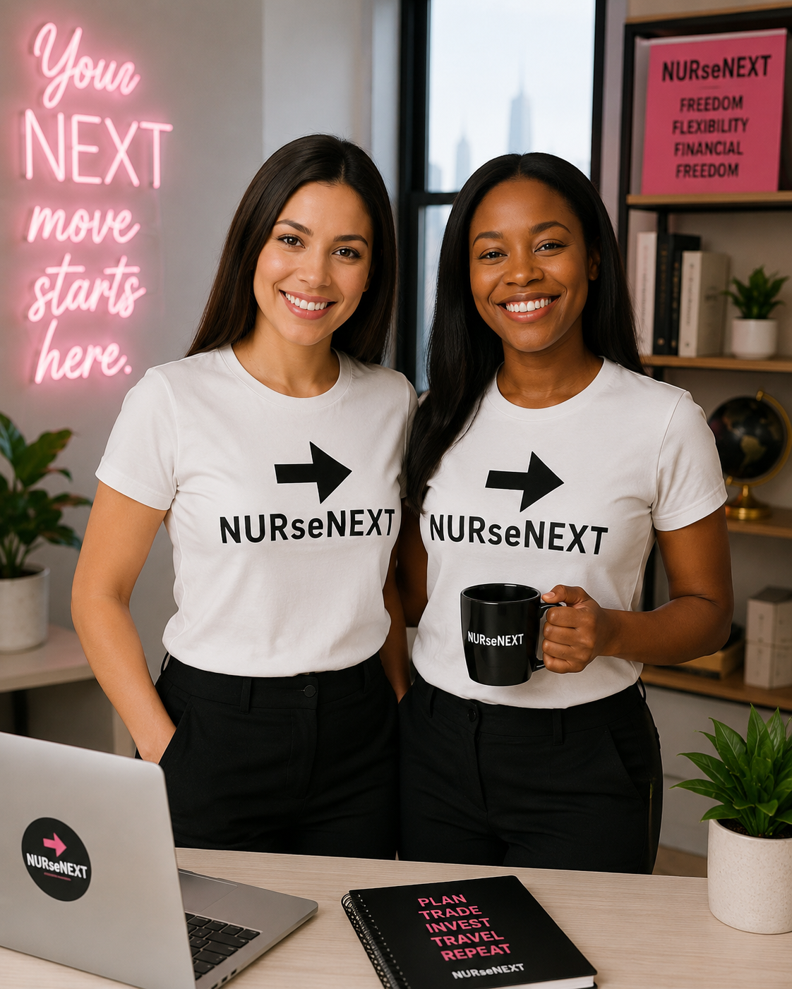 Two women smiling and wearing white t-shirts with 'NURseNEXT' and an arrow pointing right. One woman holds a black mug with the same logo. They are in an office with a neon sign that says 'Your NEXT move starts here' and books on a shelf.