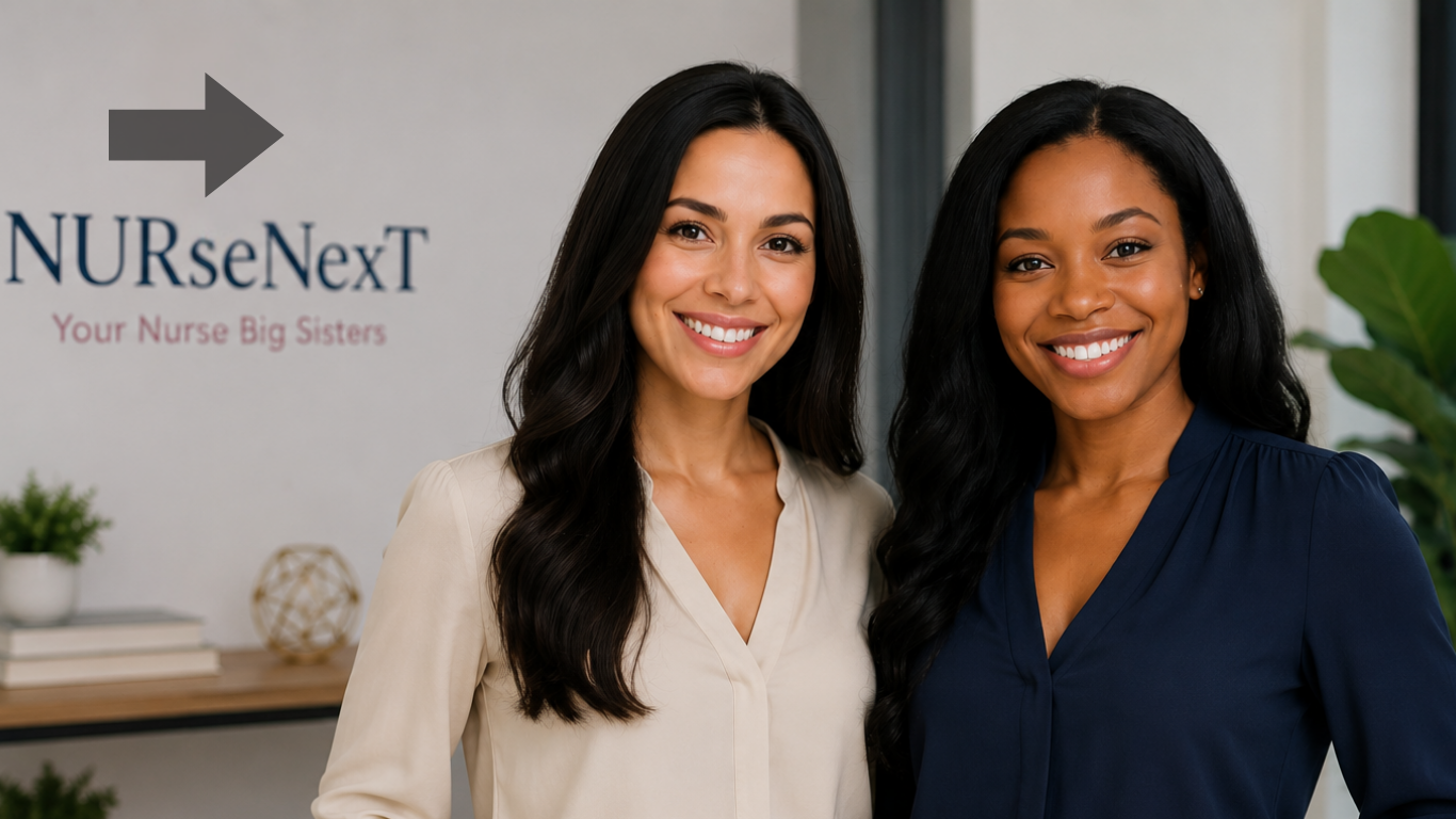 Two women smiling in front of a sign that reads 'NURseNexT' with a subtitle 'Your Nurse Big Sisters'