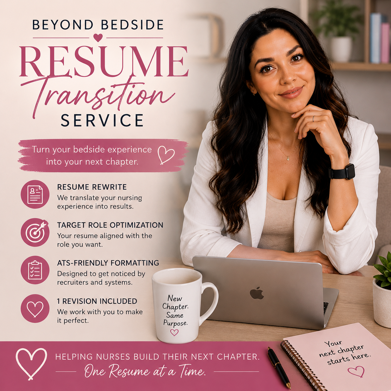 A promotional poster for Beyond Bedside Resume Transition Service featuring a smiling woman sitting at a desk with a laptop, a mug, and a notepad, emphasizing resume rewriting, target role optimization, ATS-friendly formatting, and revision services for nurses.