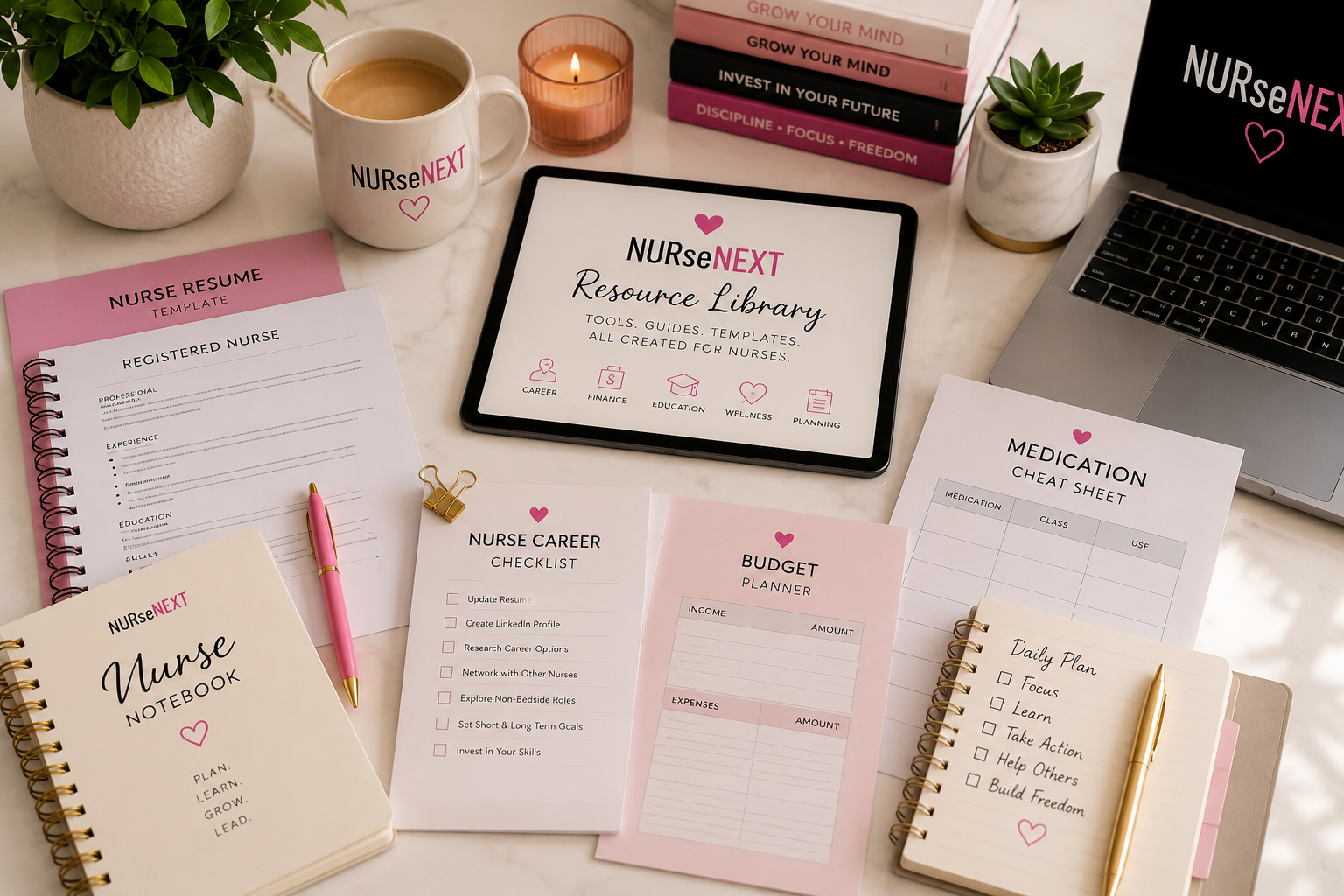 Desk with nursing-related materials including a nurse resume template, a notebook, checklists for nurse career and budget planning, medication cheat sheet, a computer screen displaying 'NURseNEXT' and resources, a tablet with 'NURseNEXT Resource Library', a cup of coffee, a lit candle, and plants.