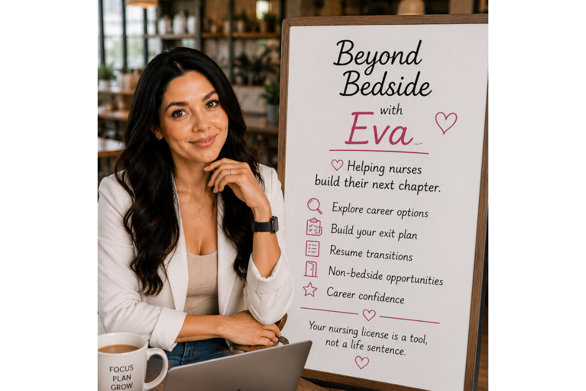 A woman with long black hair, wearing a white blazer and beige top, sitting at a table with a laptop and coffee mug, next to a whiteboard with text about career advice for nurses.