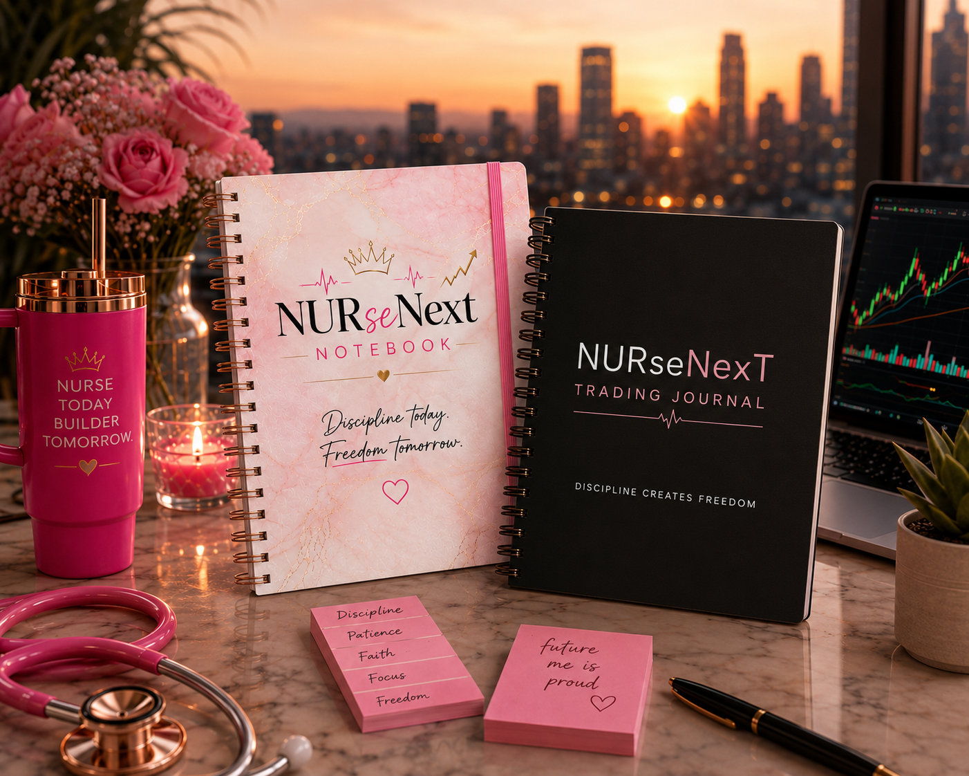 A desk with a pink flower bouquet, a pink motivational mug, a small candle, and two notebooks titled 'NURseNext Notebook' and 'NURseNext Trading Journal'. There are also sticky notes with inspirational words and a pen, a stethoscope, and a laptop showing stock charts. The scene is set against a city sunset window.