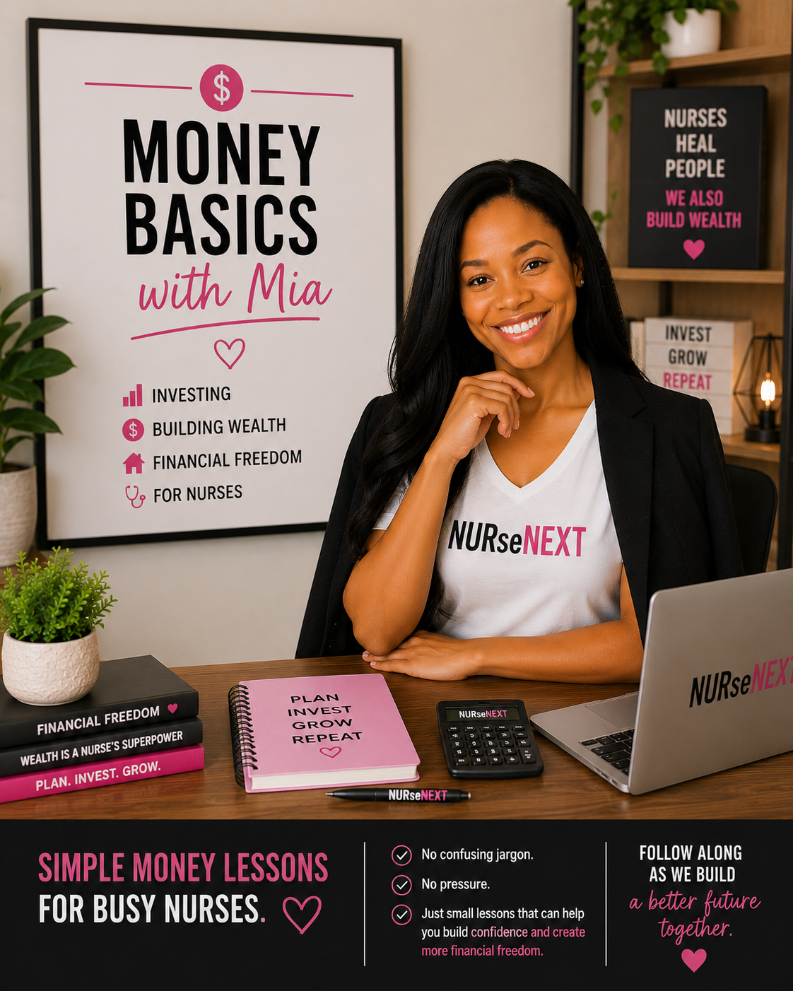 A woman sitting at a desk with a laptop and notebooks, smiling at the camera. Behind her is a poster that reads 'Money Basics with Mia' and lists topics: investing, building wealth, financial freedom, for nurses. The smaller text on the desk reads 'Simple money lessons for busy nurses,' and there are additional notes about avoiding jargon, pressure, and building confidence for financial freedom.