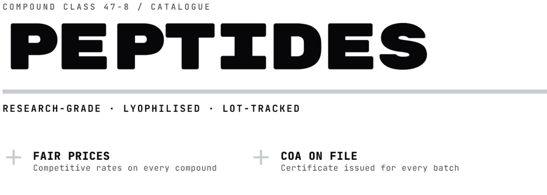 A catalog cover titled 'Peptides' for compound classes 47-8, advertising research-grade, lyophilized, lot-tracked peptides. Includes sections about fair prices with competitive rates and certificates of analysis issued for each batch.
