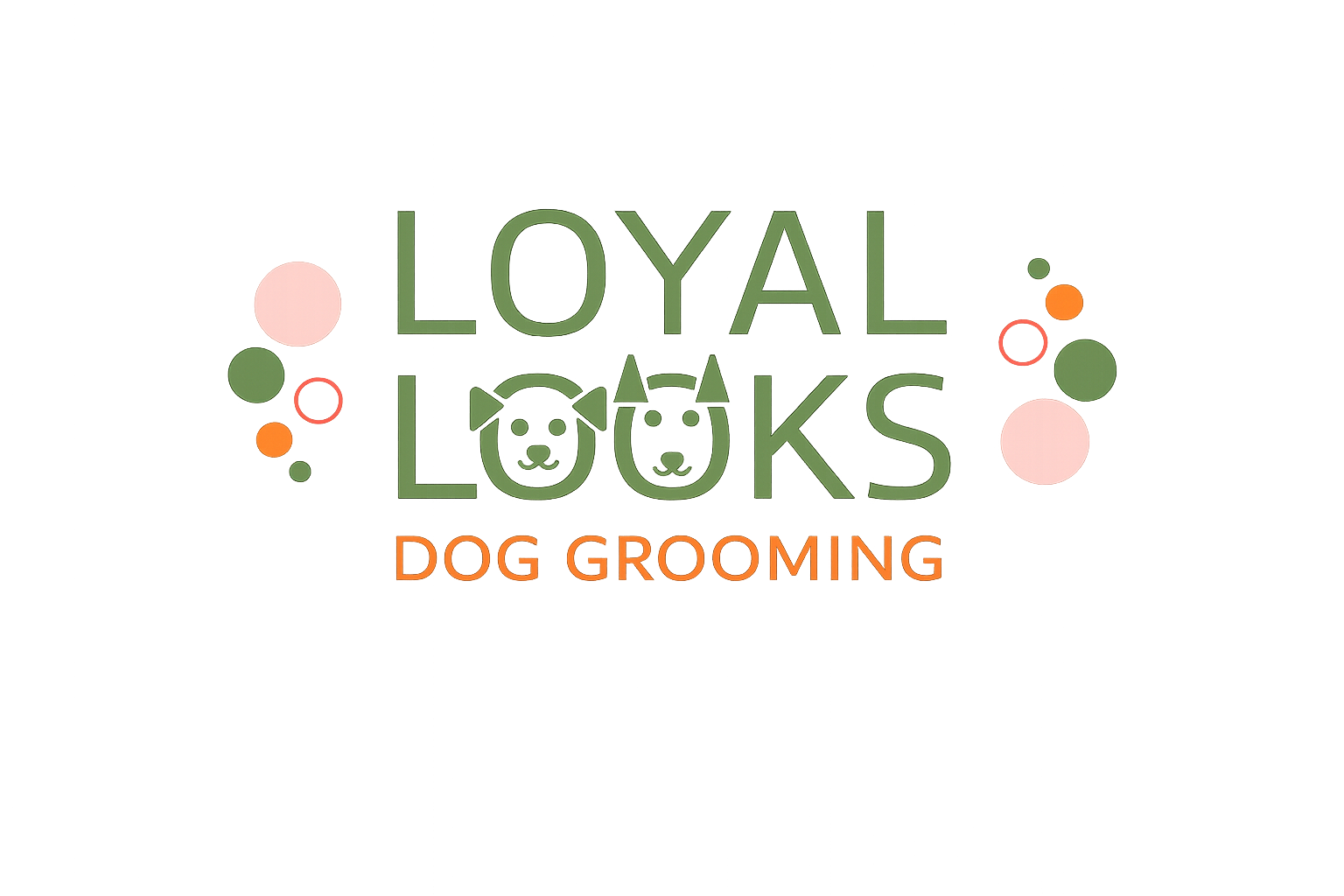 Neon sign that reads 'Loyal Looks Dog Grooming' with colorful geometric shapes and dog face icons.