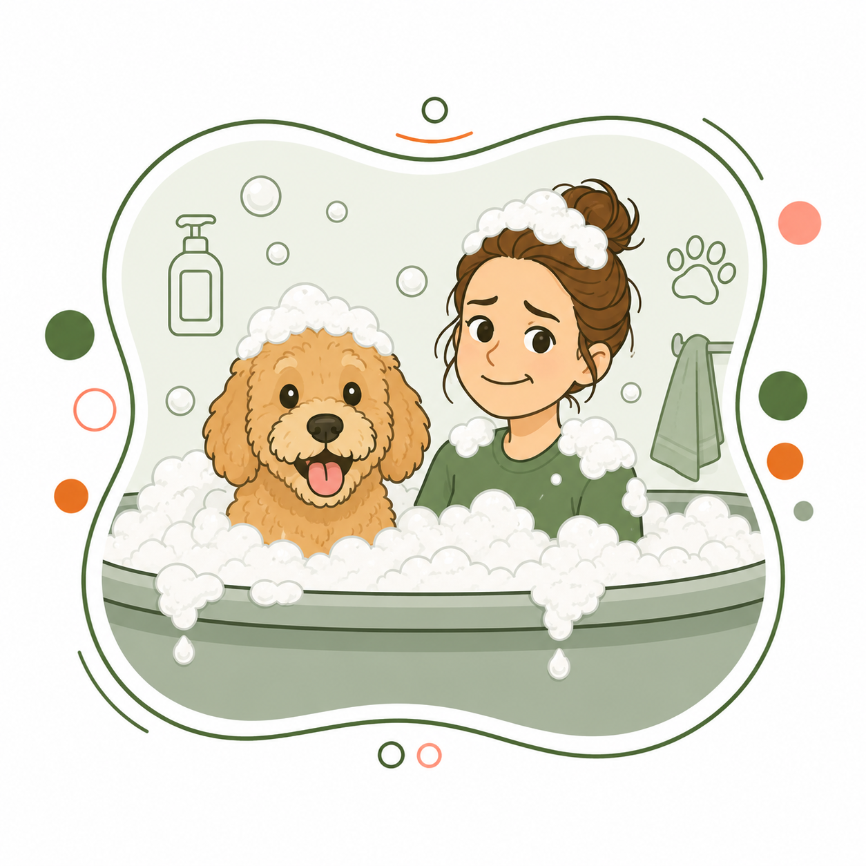 A cartoon woman and a dog taking a bath together with soap lather and bubbles, in a bathroom with a towel rack and soap dispenser.