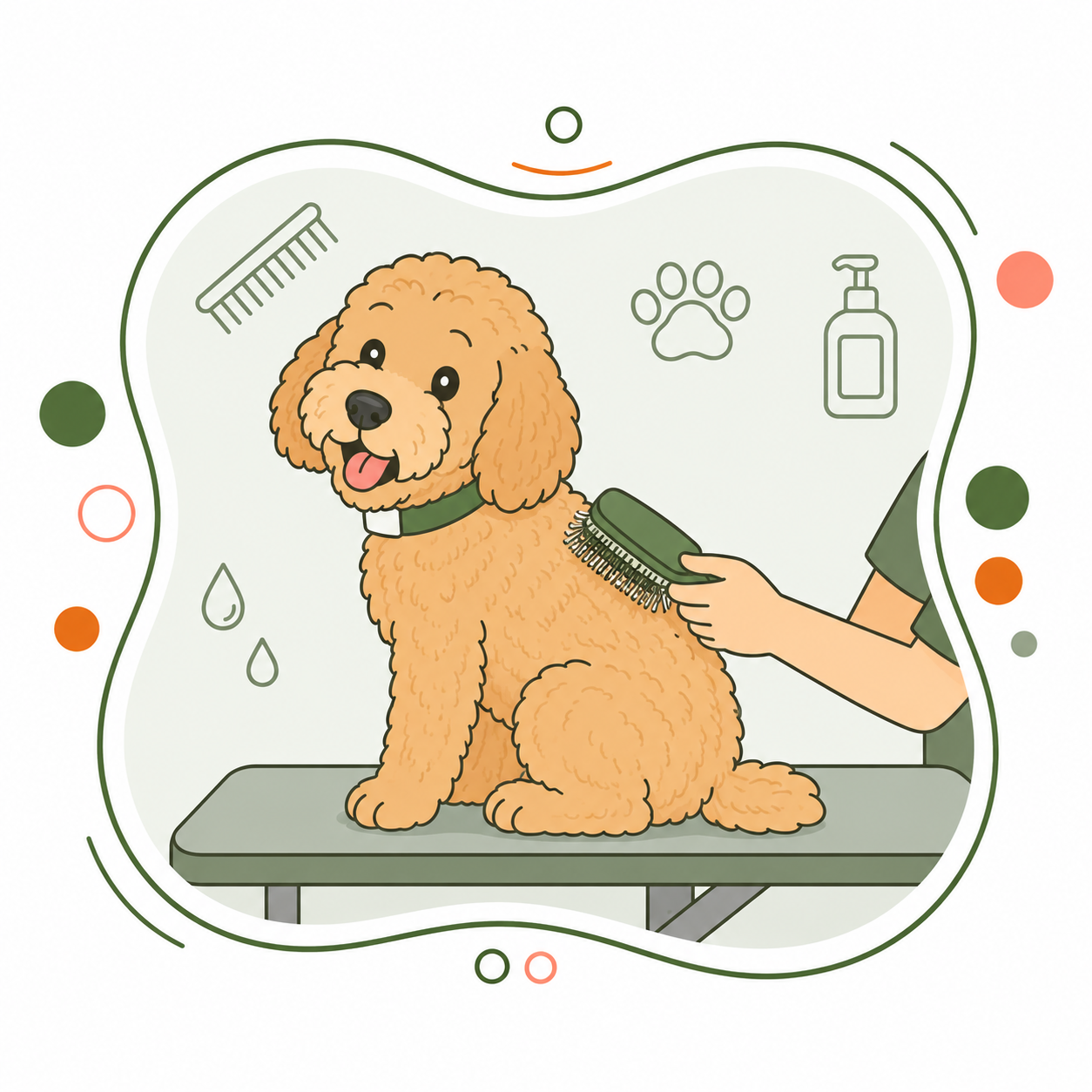 Cartoon illustration of a dog being groomed, sitting on a table with a person brushing its fur. Grooming tools and symbols such as a comb, paw print, and soap are shown around.