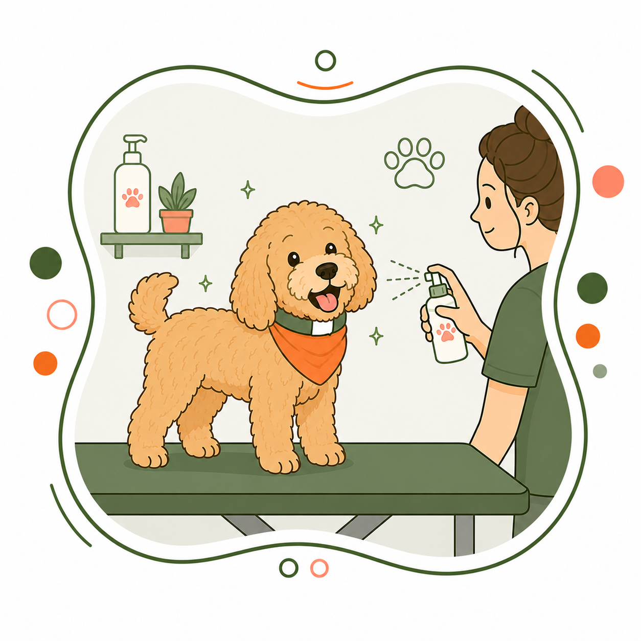 A cartoon illustration of a woman deodorizing a happy poodle on a grooming table, with grooming supplies and paw prints in the background.