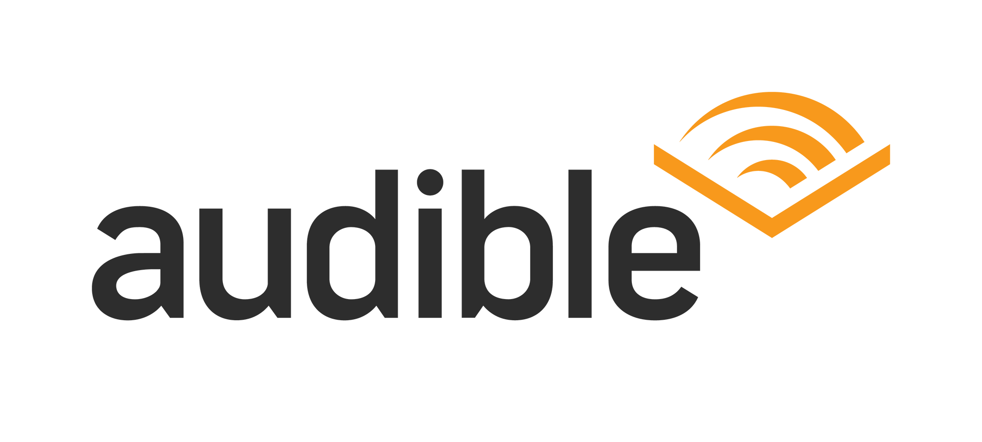Audible logo with black text and orange symbol of sound waves or radio signal above the letter 'b'.