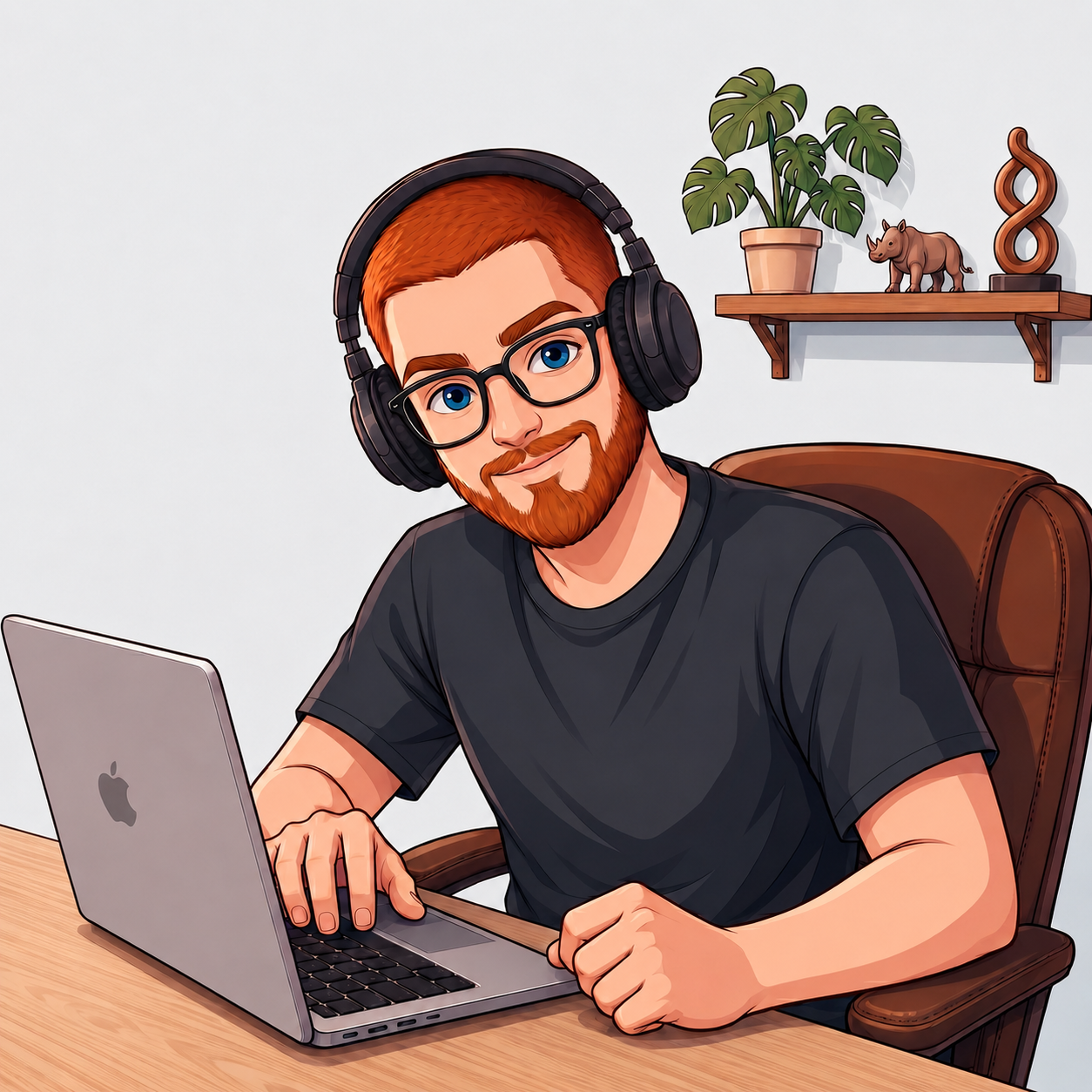 A cartoon man with red hair and beard, wearing glasses and headphones, sitting at a desk with a silver laptop, smiling at the camera.