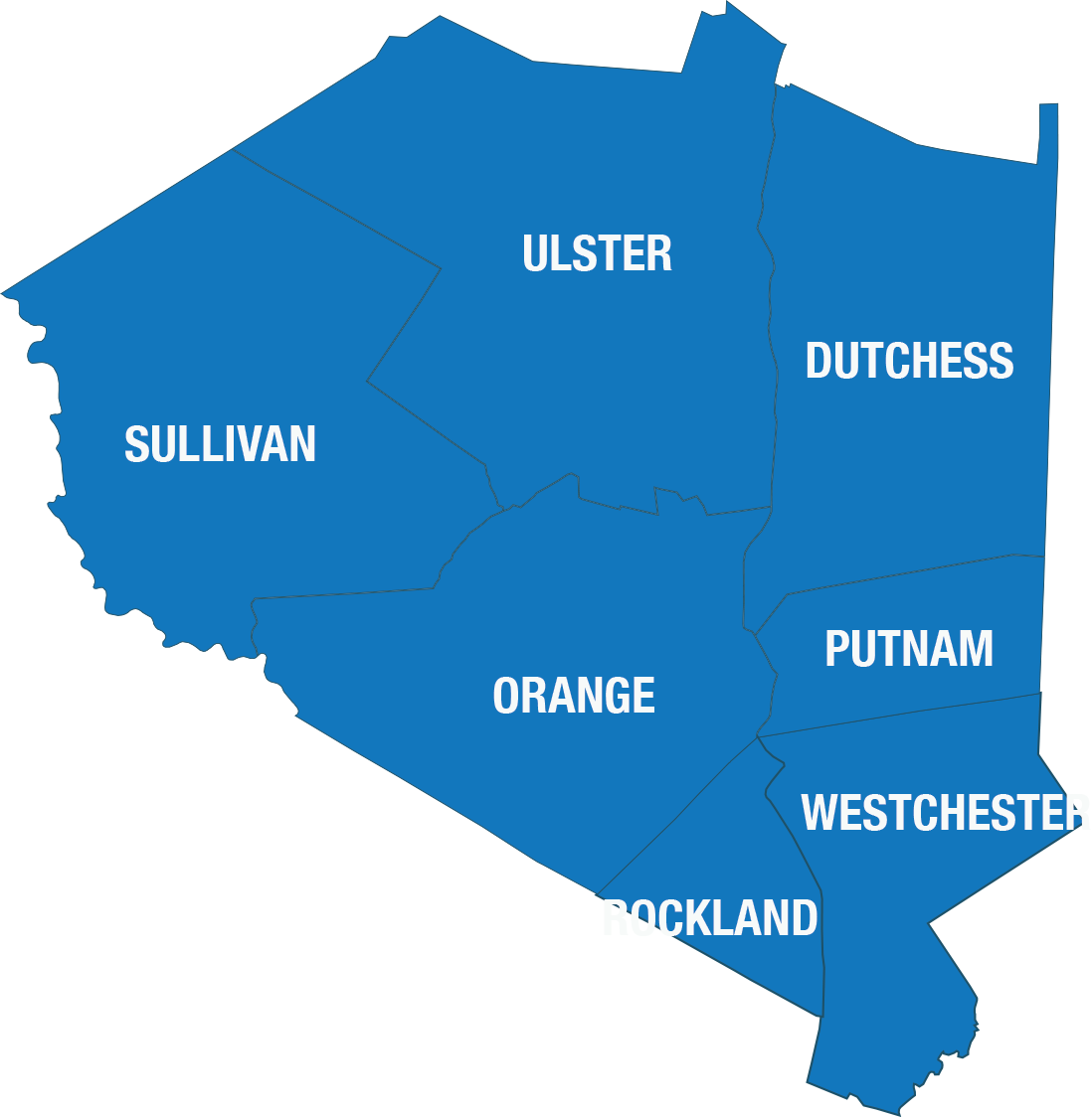 A map of the Hudson Valley's SULLIVAN, ULSTER, DUTCHESS, ORANGE, PUTNAM, WESTCHESTER, & ROCKLAND