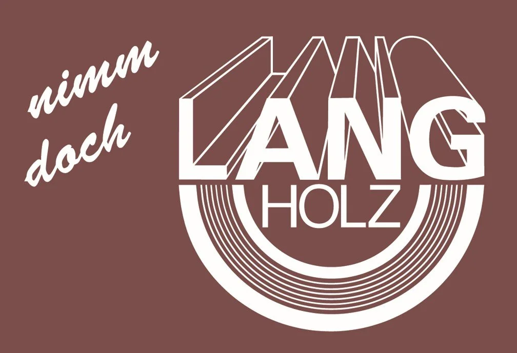 Grafik mit dem Text 'nimm doch LANG HOLZ' auf braunem Hintergrund, mit verbundenen Linien und Kreiselementen, die einen Baumstamm symbolisieren.