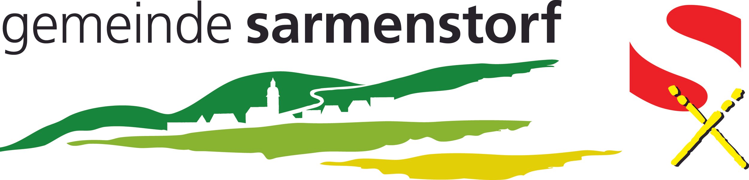 Logo der Gemeinde Sarmenstorf mit einer grünen, weißen, gelben und roten Gestaltung, darunter eine stilisierte Stadtansicht und ein Wappen mit einer roten Schleife und zwei gekreuzten Gegenständen.