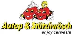 Cartoon von zwei roten Autos mit lachenden Gesichtern und einem Dollar-Symbol, darunter der Text 'Autop & Stützliwösch'.