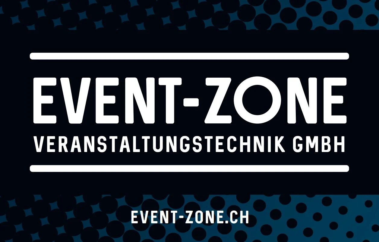 Logo der Firma Event-Zone Veranstaltungs Technik GmbH, Website event-zone.ch, mit dunklem Hintergrund und blauen Mustern.