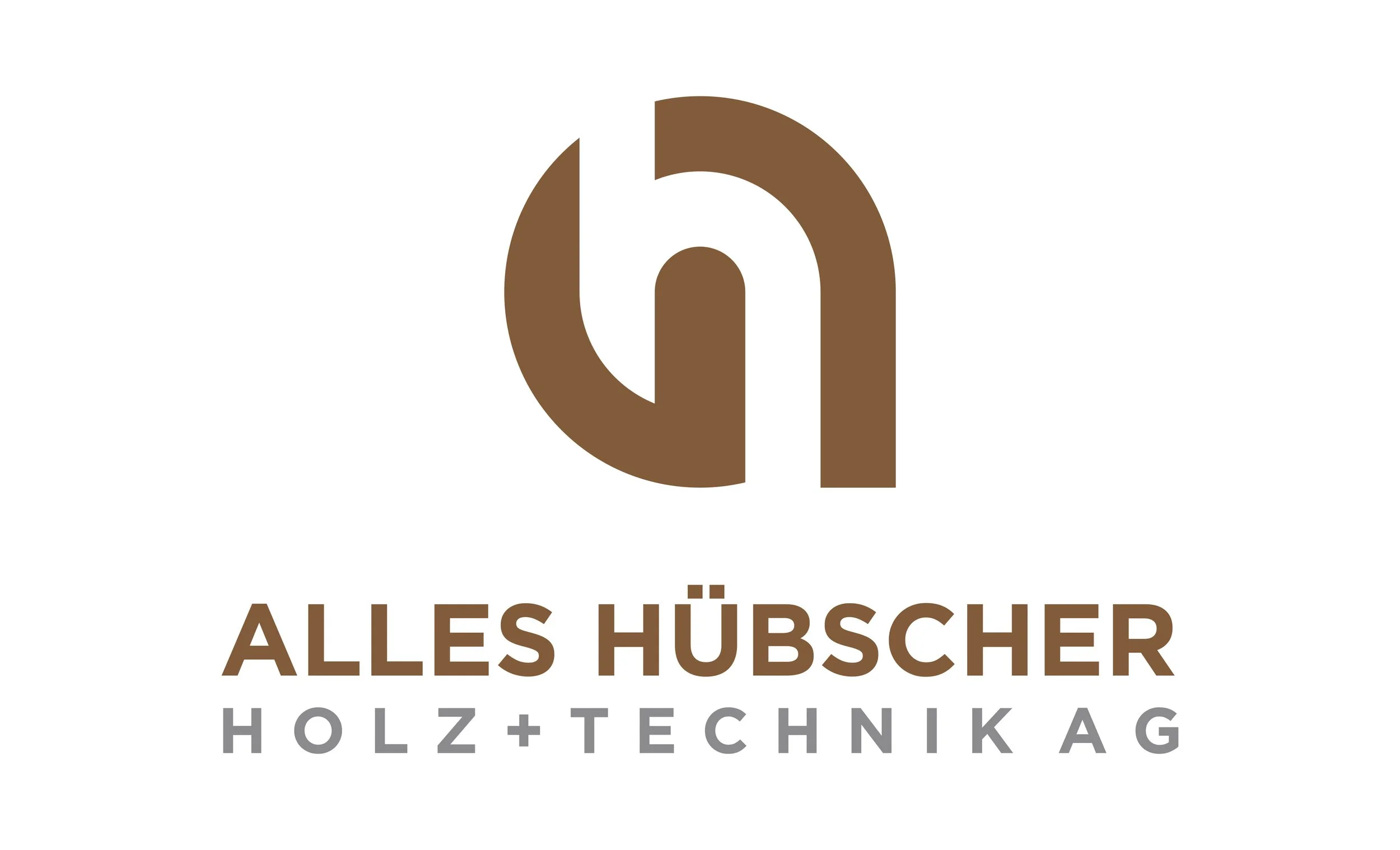 Logo mit stilisiertem braunen Baum und der Schrift 'ALLES HÜBSCHER HOLZ + TECHNIK AG', was auf ein Unternehmen im Holz- und Technikasektor hindeutet.