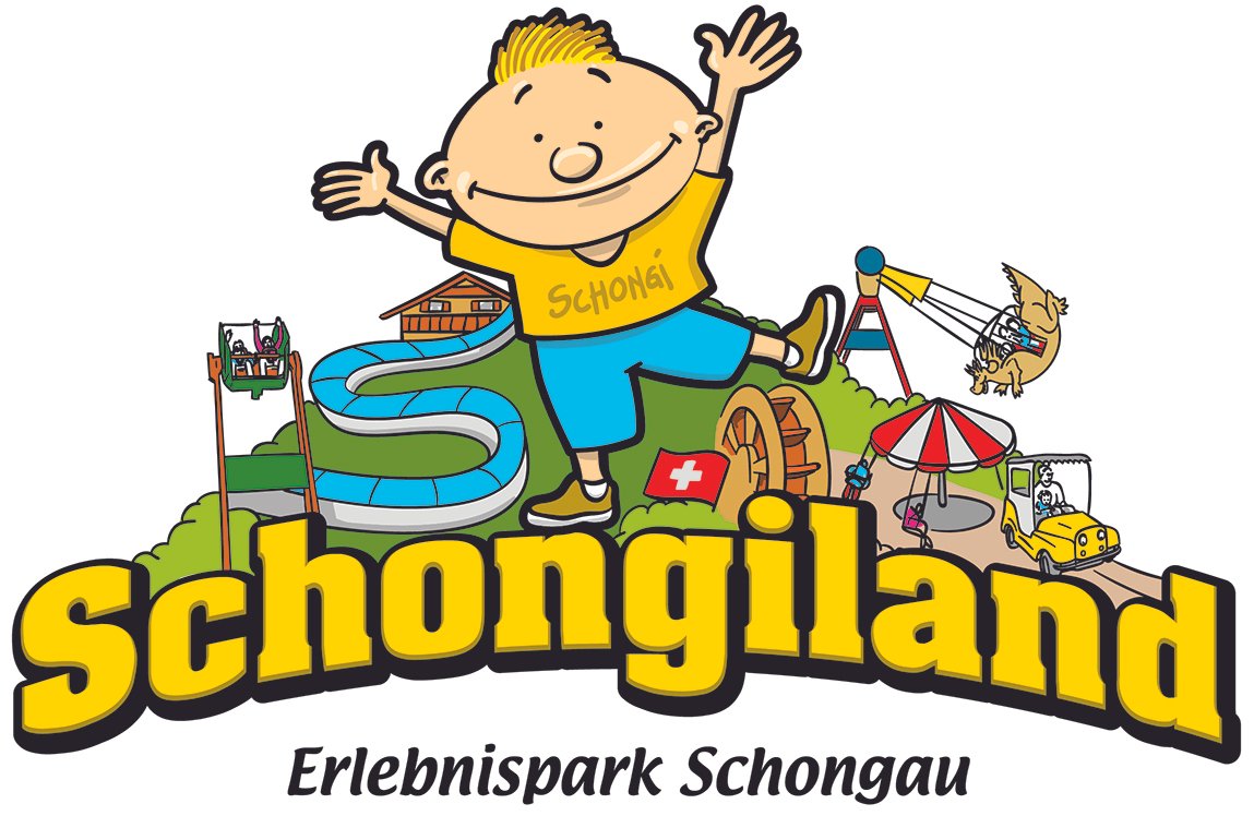 Cartoon-Kind mit offenem Arm in einem Freizeitpark, umgeben von Wasserbahn, Riesenrad, Seilrutsche, Karussell, Traktor, Wasserpark und Schweizer Flagge, mit großem gelbem Schriftzug »schongiland« und dem Untertitel »Erlebnispark Schongau«.