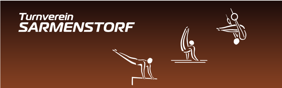 Logo des Turnvereins Sarmenstorf mit Piktogrammen für Turnübungen wie Handstand, Klettersprung und Ringe auf brauner Hintergrundfarbe.