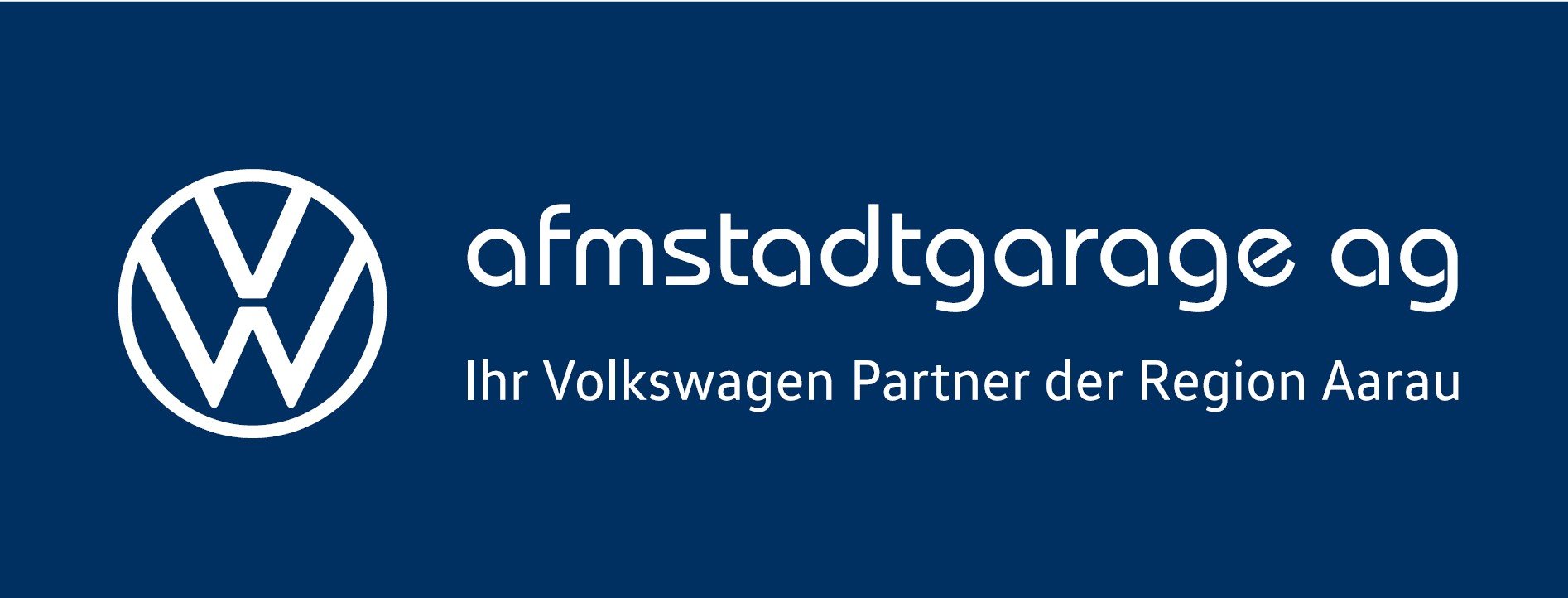 Logo von afmstadtgarage ag mit VW-Logo und dem Slogan 'Ihr Volkswagen Partner der Region Aarau' auf blauem Hintergrund.