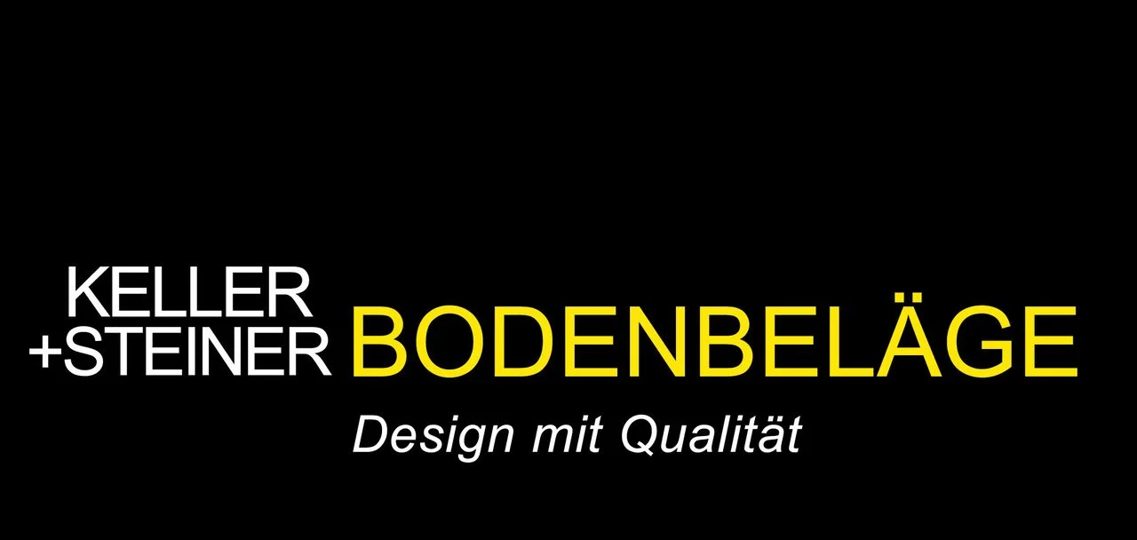 Schwarzer Hintergrund mit weißer, gelber und silberner Text, der die Firma 'Keller + Steiner Bodenbeläge' für hochwertigen Designboden kündigt.
