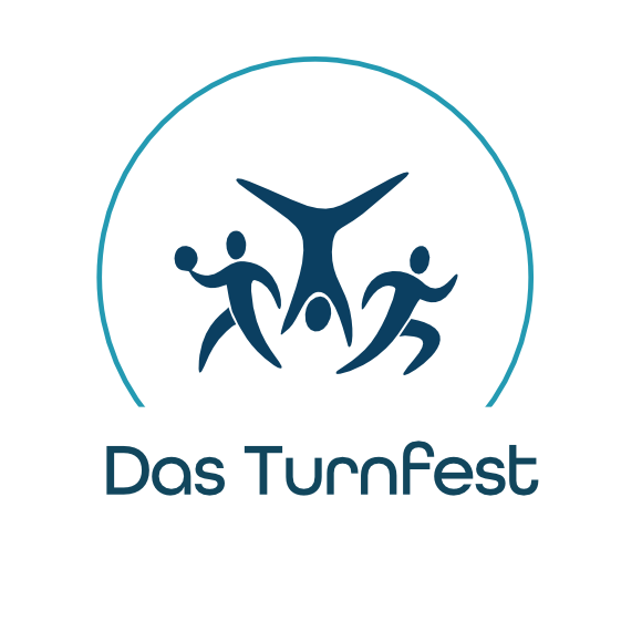 Logo mit drei abstrahierten Figuren, die sich um eine Handstand-Position gruppieren, und der Text 'Das TurnFest' darunter.
