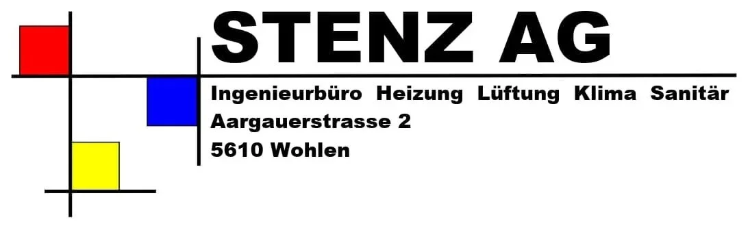 Briefkopf von einer Firma namens STENZ AG mit Adresse in Wohlen, Schweiz, inklusive Firmenbeschreibung für Ingenieurbüro für Heizung, Lüftung, Klima und Sanitär, mit roten, blauen und gelben geometrischen Formen.