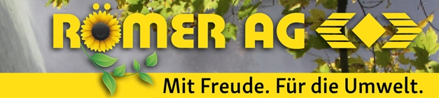Logo der Romer AG mit Sonnenblume und Blättern, Slogan 'Mit Freude. Für die Umwelt.'