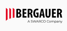 Logo mit schwarzem Text 'BERGAUER' und kleinerem Text 'A SWARCO Company' darunter, daneben drei vertikale rote Linien.