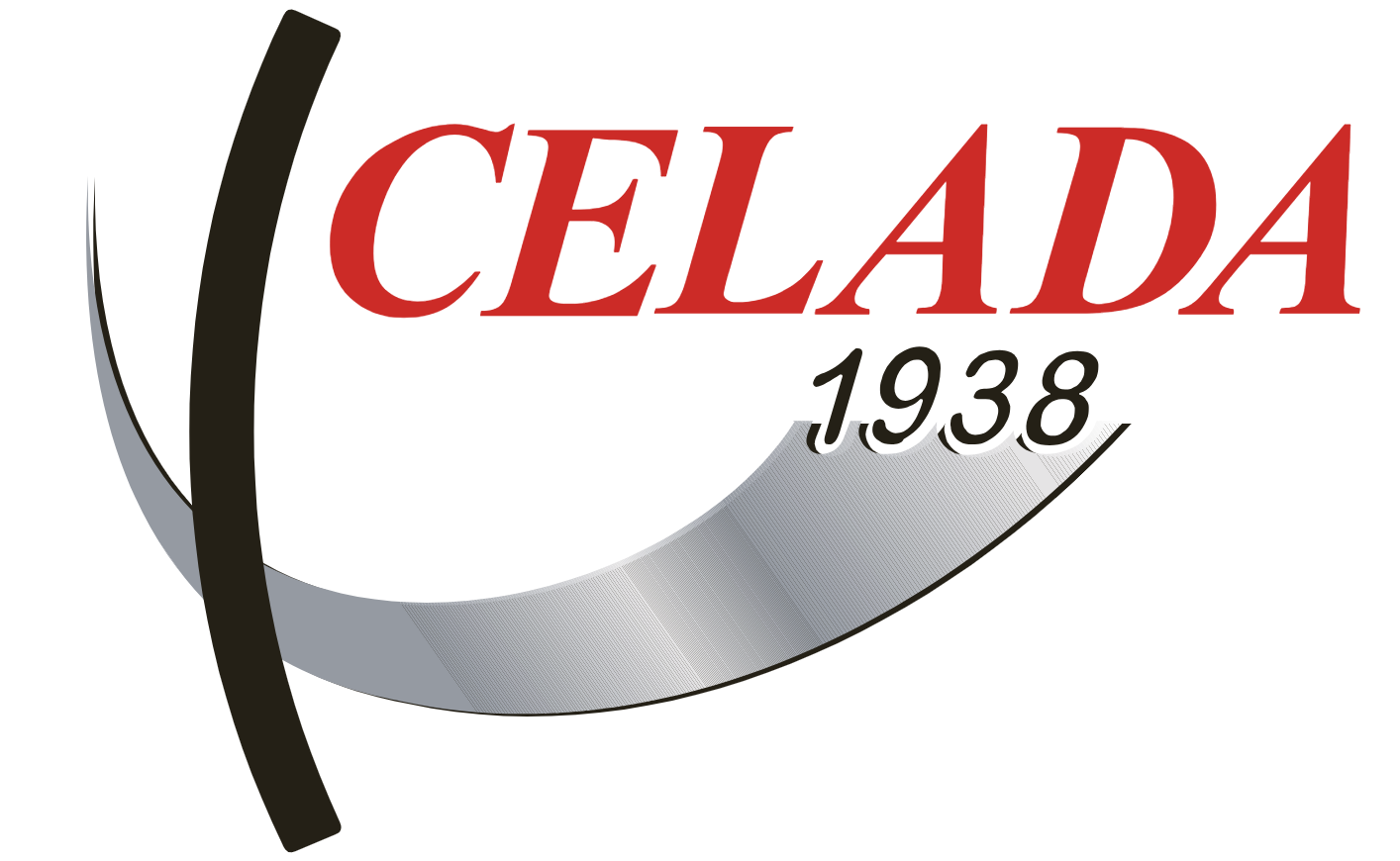 Logo mit dem Text 'CELADA 1938' in Rot und Schwarz, mit einer schwarzen und grauen Halbkreisform im Hintergrund.