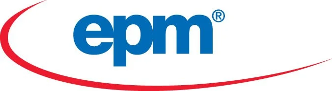 Das Bild zeigt ein Logo mit dem Text 'epm' in blauer Schrift und einem roten geschwungenen Bogen darunter.