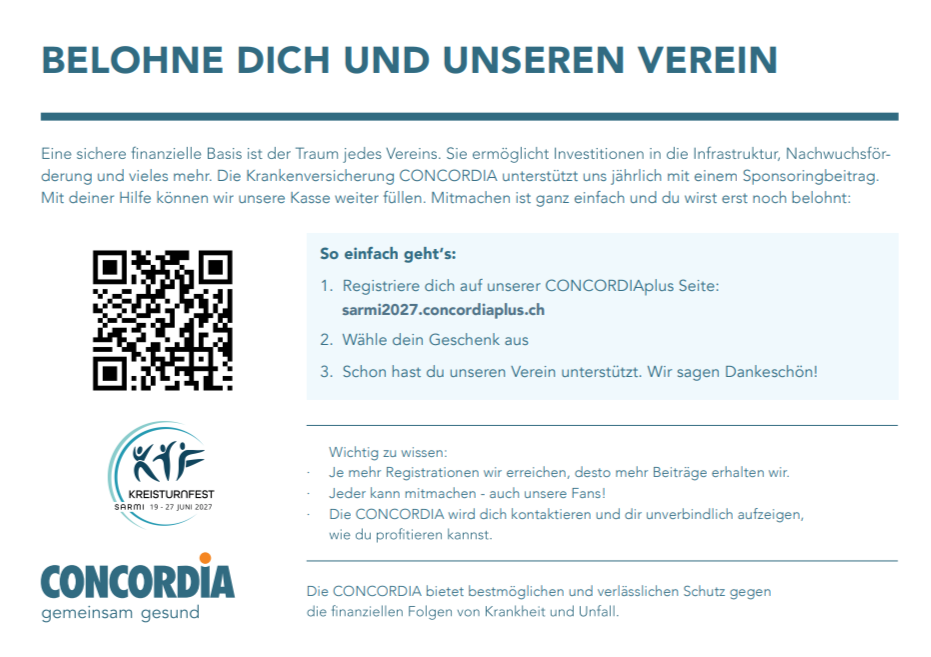Informationsseite für die Vereinsförderung bei der Veranstaltung Kreisturnfest Sarmi 2021 vom 19. bis 27. Juni 2021, mit QR-Code und Logo des Vereins CONCORDIA.