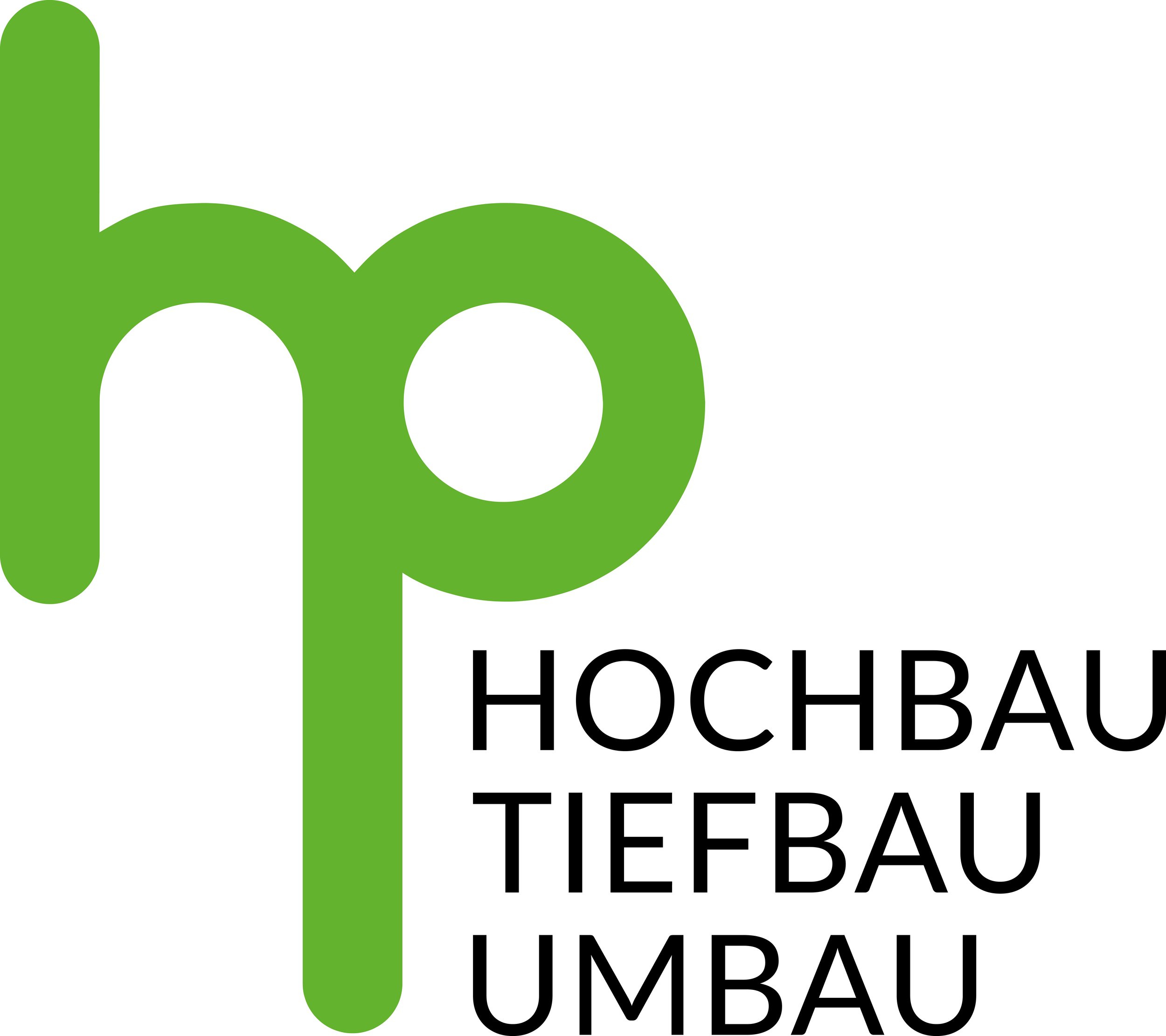 Logo mit grünen großen Buchstaben 'M' und schwarzem Text darunter, der 'Hochbau Tiedra' lautet.