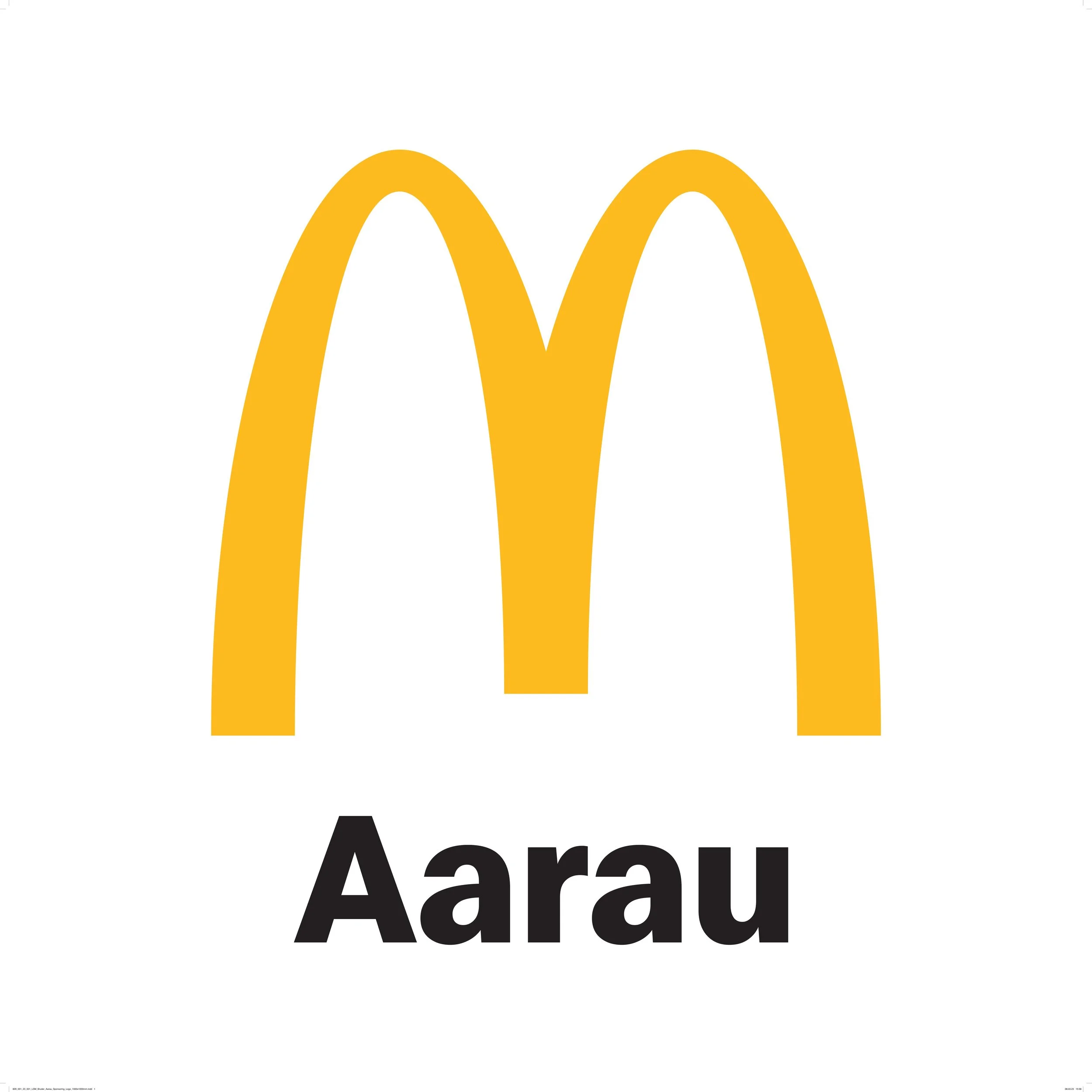 Das Logo von McDonald's, bestehend aus den klassischen goldenen Bögen, mit dem Schriftzug 'Aarau' darunter in schwarzer Schrift.