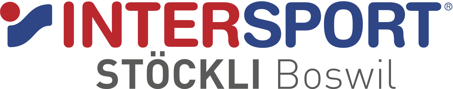 Das Logo besteht aus einem stilisierten blauen und roten Symbol neben dem roten Text 'INTERSPORT' und darunter in grau der Text 'STÖCKLI Boswil'.
