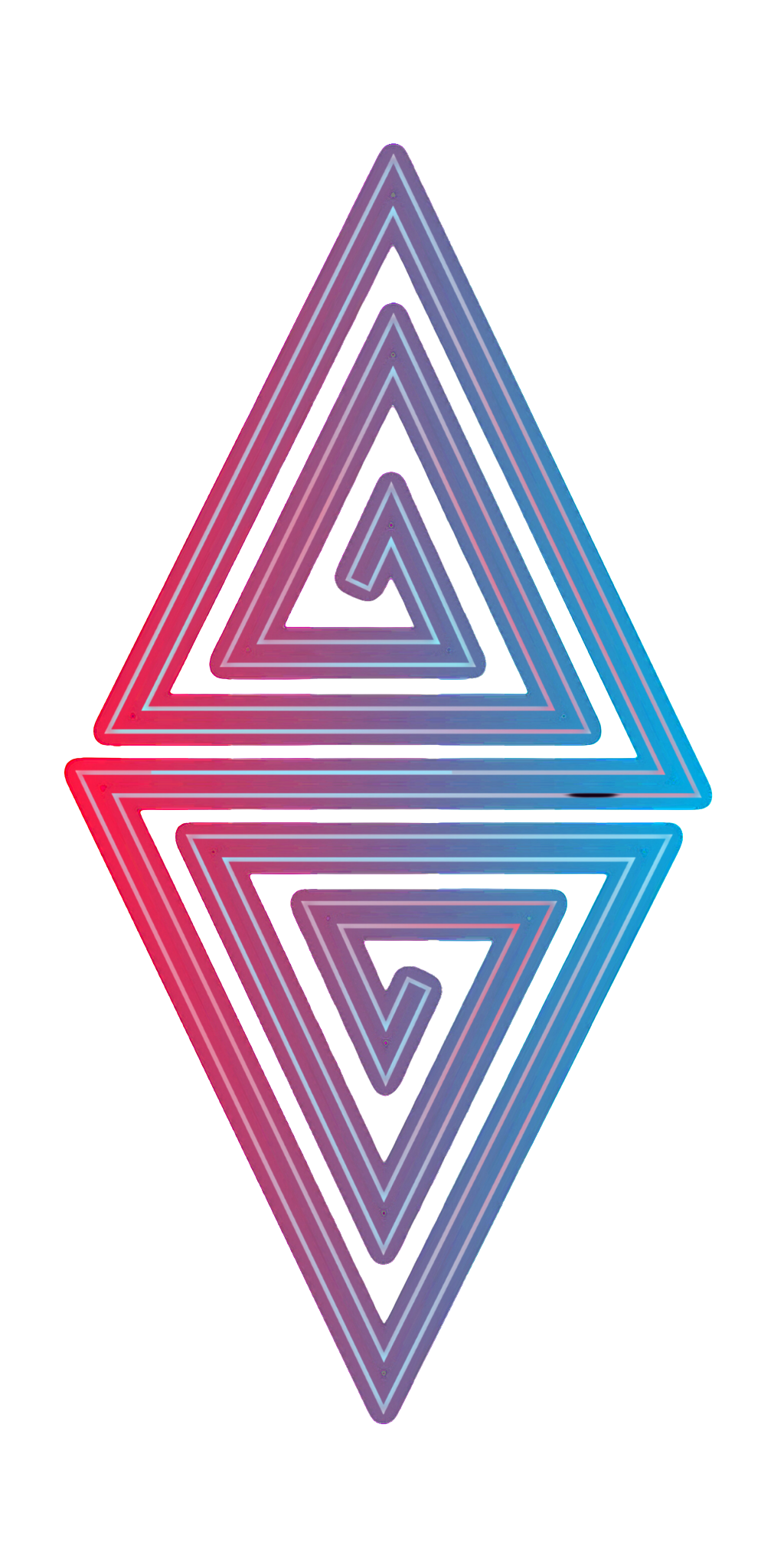 Neon light pyramid with layered triangular outlines, reflecting on a surface with a gradient background of black, purple, and teal.