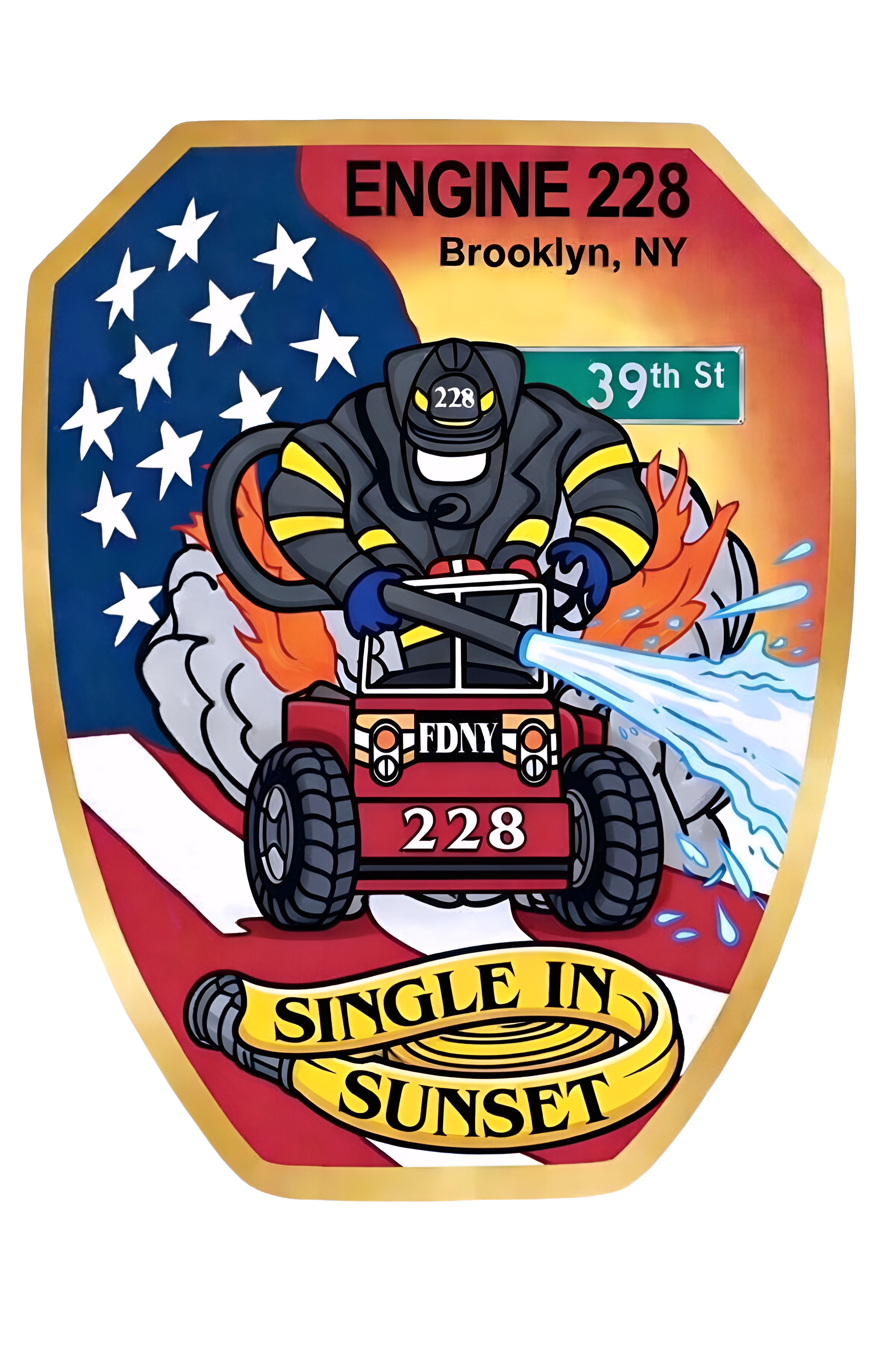 Firefighter riding a fire truck with water spray, flames, and smoke behind him. Sign reads 'Engine 228 Brooklyn, NY' and '39th St'. Banner says 'Single in Sunset'.