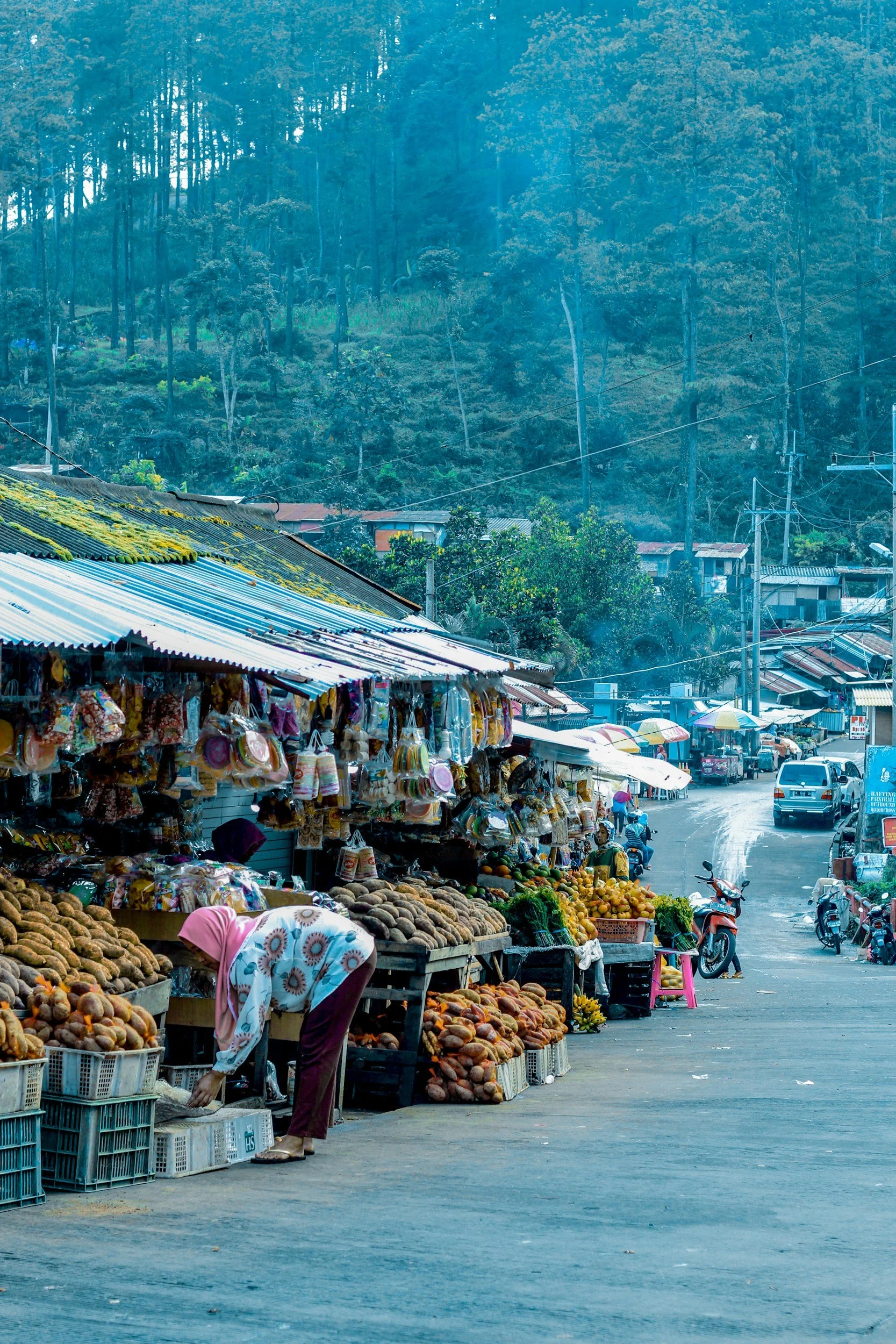 Market stalls with fruits and vegetables in a town with a hillside filled with trees in the background.