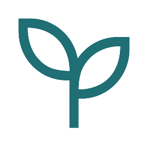 Stylized logo of a plant with two leaves