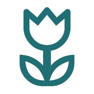 A simple, stylized outline of a flower with a single bloom and leaf.