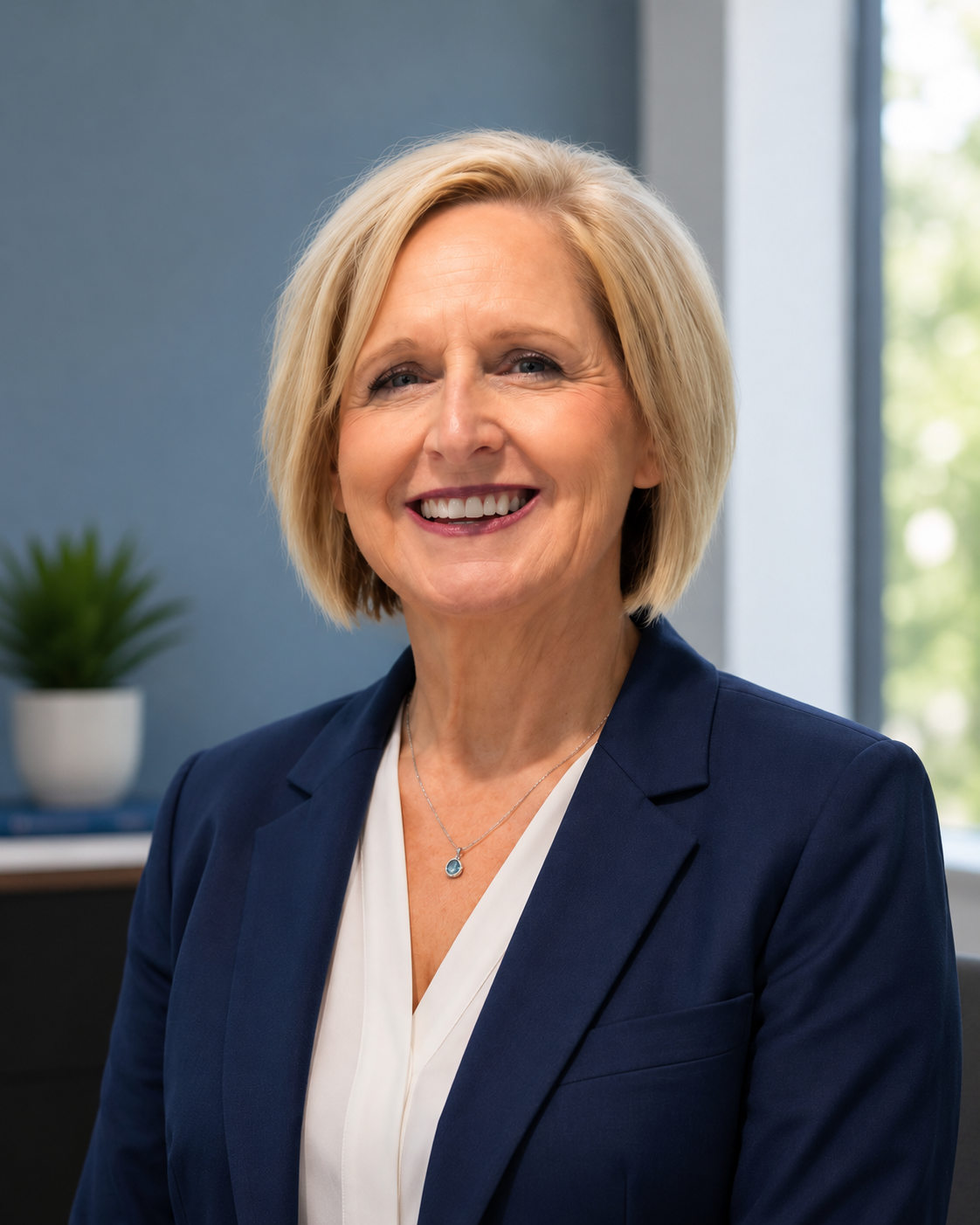 A smiling middle-aged woman with short blonde hair, wearing a navy blue blazer and a white blouse, sitting in an office with a blurred background that includes a potted plant.