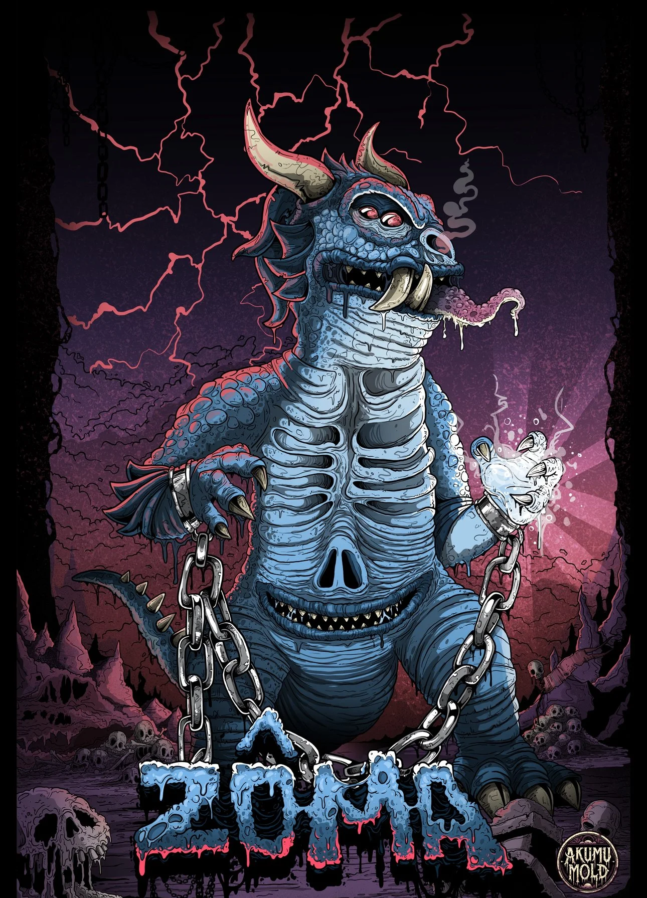 Ilustración de una criatura monstruosa con cuerpo parecido a un dinosaurio, color azul, con dientes afilados, cuernos en la cabeza y cadenas en las patas, en un fondo oscuro y lleno de rayos y esqueletos.