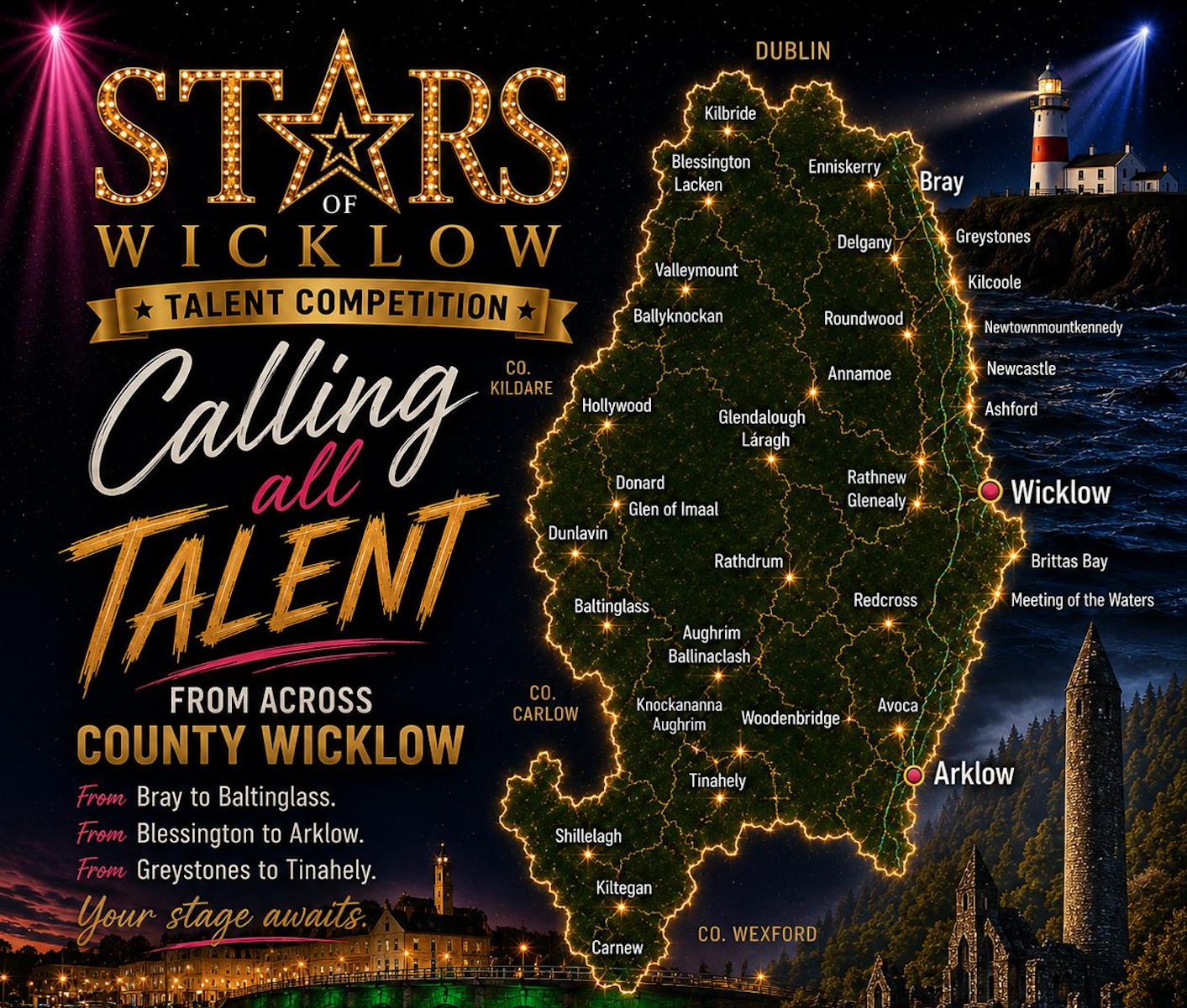 A map of County Wicklow, Ireland, with illuminated city and town names, including Wicklow, Arklow, Glendalough, and Bray. The map is decorated with stylized text and graphics, including the event name "Stars of Wicklow Talent Competition," a lighthouse, and a starry night sky background.