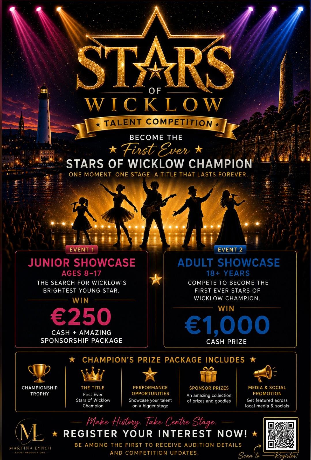 Poster for the Stars of Wicklow talent competition featuring performances at night, with colorful stage lights, silhouettes of singers and musicians, and information about junior and adult showcase contests with prizes and sponsorship details
