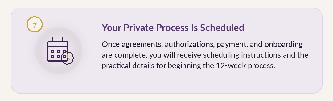 Private process scheduling card explaining that scheduling follows agreements, payment, and onboarding.