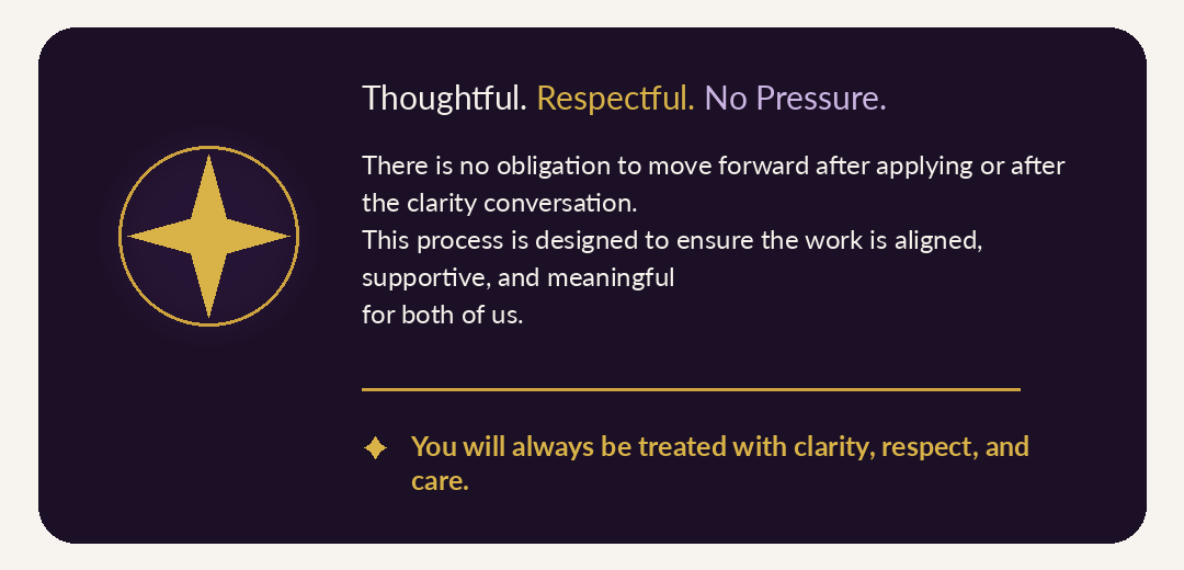 Thoughtful. Respectful. No Pressure. Card emphasizing clarity, support, and mutual understanding.