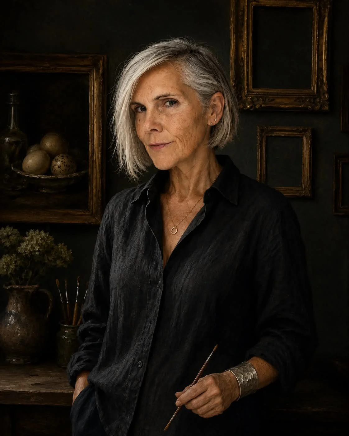 A mature woman with short gray hair, wearing a black shirt, stands in front of a dark wall decorated with empty gold picture frames. She is holding a paintbrush in her right hand and wears a silver bracelet and a delicate gold necklace.