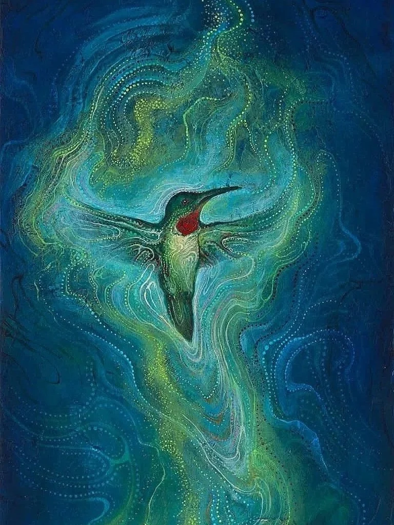 Abstract painting of a hummingbird with green, red, and black colors, surrounded by swirling patterns of blue, green, and yellow dots and lines.