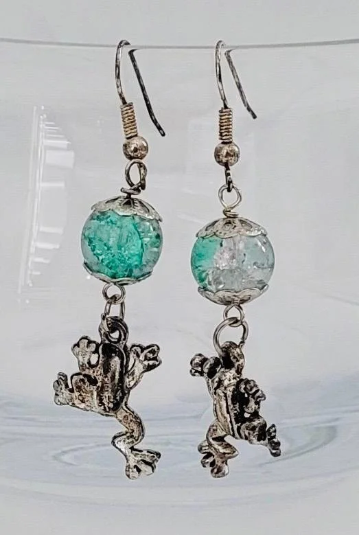 Green Cracked‑Glass Earrings with Toad‑Shaped Charms