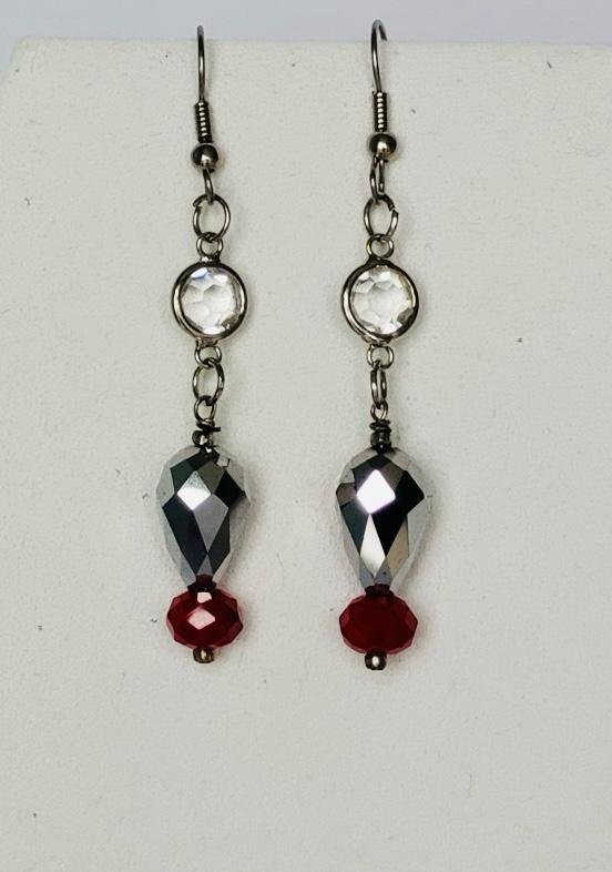 Silver and Red Beaded Dangle Earrings